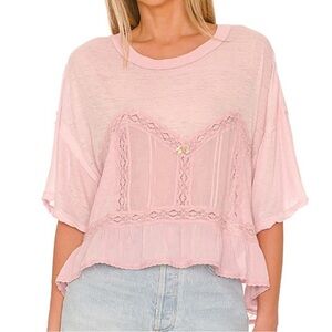 Free People - Fall In Love Drop Shoulder Crop Top - Pink Lace Trim - Size: Small